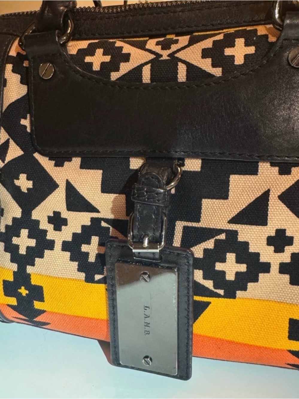L.A.M.B. Multicolor Aztec Print Canvas & Leather Satchel w gunmetal hardware! - Picture 2 of 11